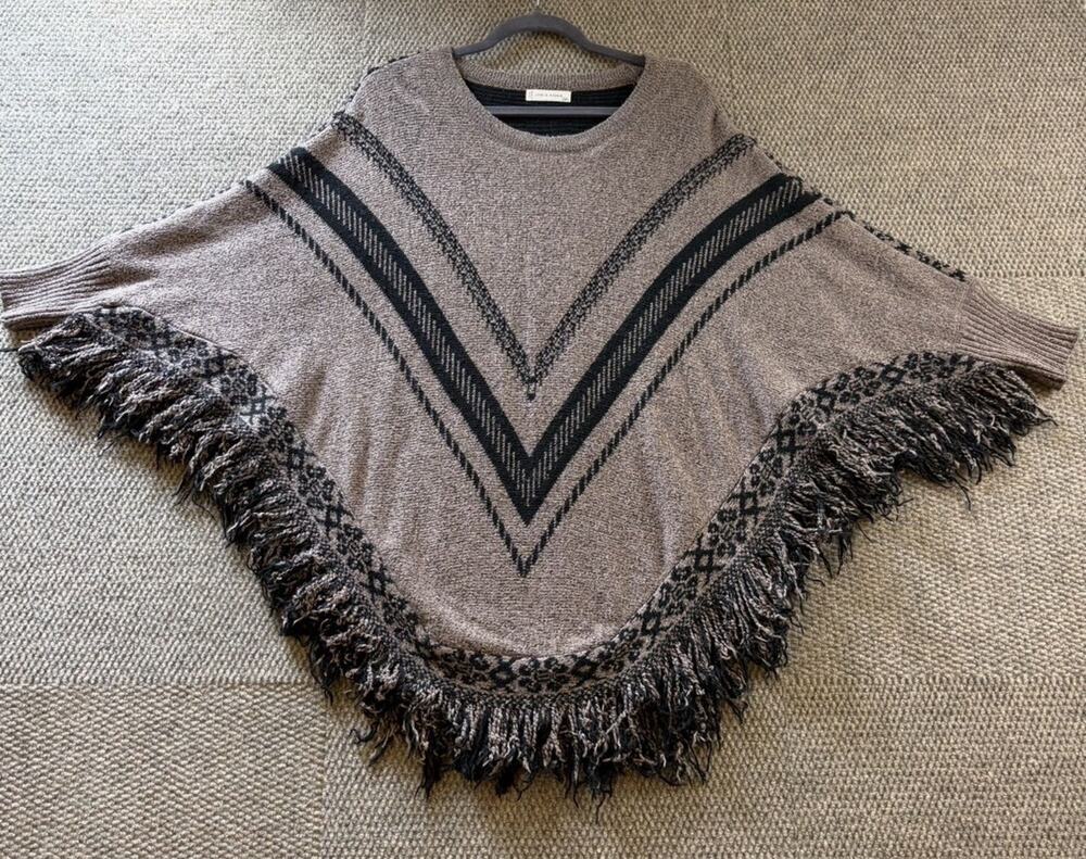 Jon & Anna One Size Fringe Poncho Sweater Taupe Black Chevron Boho Western O/S